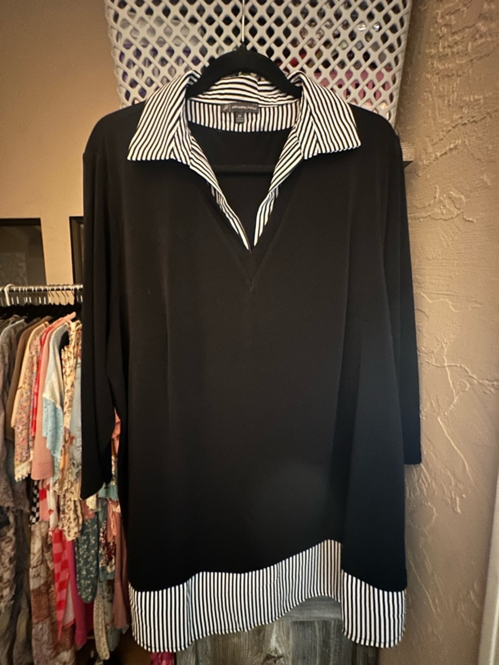 Adrianna Papell lightweight sweater with Black-and-White Striped Collar and Hem
